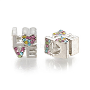 Alloy European Beads, Large Hole Beads, with Rhinestone, Word LOVE, Coloeful, Platinum, 10.5x10x8mm, Hole: 4.5mm(MPDL-S066-014P)