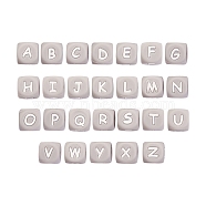 26Pcs 26 Style Silicone Alphabet Beads for Bracelet or Necklace Making, Letter Style, Cube, Gray, 12x12x12mm, Hole: 3mm, 1pc/style(SIL-SZ0001-01A)