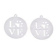 201 Stainless Steel Pendants, Etched Metal Embellishments, Flat Round with Word Love & Dog Footprint, Stainless Steel Color, 33x30x0.2mm, Hole: 1.8mm(STAS-R114-005P)