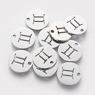 304 Stainless Steel Charms, Flat Round with Constellation/Zodiac Sign, Gemini, 12x1mm, Hole: 1.5mm(STAS-Q201-T095-3)