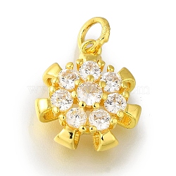 Rack Plating Brass Micro Pave Clear Cubic Zirconia Pendant, with Jump Rings, Lead Free & Cadmium Free, Long-Lasting Plated, Flower, Golden, 15x13x5mm(KK-H485-14G)