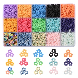 97.5G 15 Colors Handmade Polymer Clay Beads Set, Flower, Mixed Color, 4~6x4~6x1~1.5mm, Hole: 2mm, 6.5G/color(CLAY-YW0001-51)