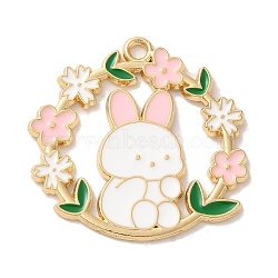 Alloy Enamel Pendants, Golden, Flat Round with Rabbit Charm, White, 29x30x1.5mm, Hole: 2mm(ENAM-147-03E-G)