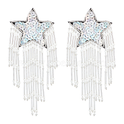 Glass Beaded Tassel Sew on Star Patches, Iridescent Sequin Appliques, Badges, with Felt Base, White, 193~195x79~80x2~3.5mm, 2pcs/box(PATC-FG0001-73)