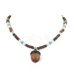 Natural Wenge Wood Pendant Necklaces, with Synthetic Turquoise and Synthetic Magnesite Beads Necklaces, Colorful, 16.10~16.34 inch(40.9~41.5cm), pendant: 36x21mm(NJEW-JN04791-02)