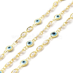 Handmade Eco-friendly Brass Flat Round & Oval Link Chain, with Glass Evil Eye & CCB Pearl Beaded, Long-Lasting Plated, Golden, Soldered, with Spool, Cyan, 13x7x3mm, 7x4x3mm(CHC-E023-27G-02)