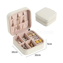 Imitation Leather Jewelry Storage Zipper Boxes, Travel Portable Jewelry Organizer Case for Necklaces, Earrings, Rings, Square, White, 10x10x5cm(PW-WG57671-02)