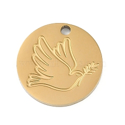 304 Stainless Steel Charms, Flat Round with Pigeon Charm, Ion Plating(IP), Real 18K Gold Plated, 15x1.5mm, Hole: 1.6mm(STAS-I325-130G)