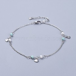 304 Stainless Steel Charm Anklets, with Synthetic Turquoise Beads and Glass Pearl, Heart, Stainless Steel Color, 9-5/8 inch(24.5cm)(AJEW-AN00265-04)