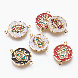 Brass Enamel Links, with Cubic Zirconia, Flat Round with Evil Eye, Golden, Mixed Color, 20x15x1.5mm, Hole: 1.2mm(KK-L185-08G)