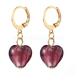 304 Stainless Steel Huggie Hoop Earrings, with Handmade Silver Foil Glass Beads, Heart, Golden, Indigo, 32.5mm, Pin: 0.6x1mm(EJEW-JE04475-05)