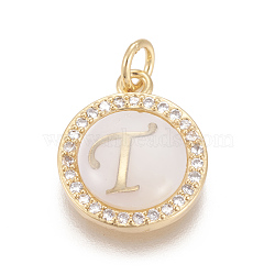 Brass Micro Pave Cubic Zirconia Pendants, with Shell, Long-Lasting Plated, Lead Free & Cadmium Free & Nickel Free, Real 18K Gold Plated, Flat Round with Letter, Clear, Letter.T, 16x13.5x3mm, Hole: 3mm(ZIRC-L078-043T-NR)