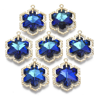 Glass Rhinestone Pendants, with Light Gold Plated Brass Open Back Settings, Snowflake, for Christmas, Sapphire, 28x22x9mm, Hole: 1.6mm