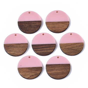 Resin & Wood Pendants, Flat Round, Pink, 28.5x3.5~4mm, Hole: 1.5mm