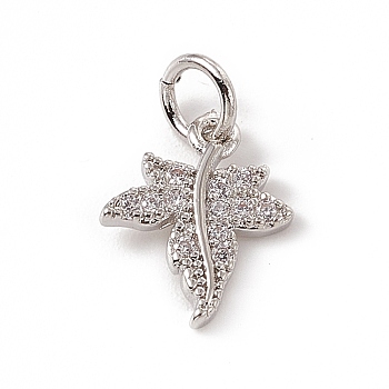 Brass Micro Pave Clear Cubic Zirconia Maple Leaf Charms, with Open Jump Rings, Platinum, 12x9.5x2mm, Ring: 5x0.8mm, Hole: 3mm