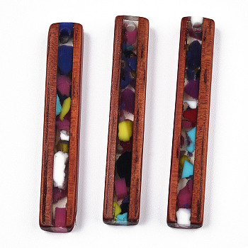 Transparent Resin & Wood Pendants, Rectangle Charm, Colorful, 46x8.5x4.5mm, Hole: 2mm