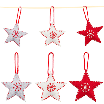 6Pcs 3 Colors Star with Snowflake Felt Fabric Pendant Decoration, with Cotton Rope, for Christmas Tree Ornaments, Mixed Color, 171mm, 2pcs/color