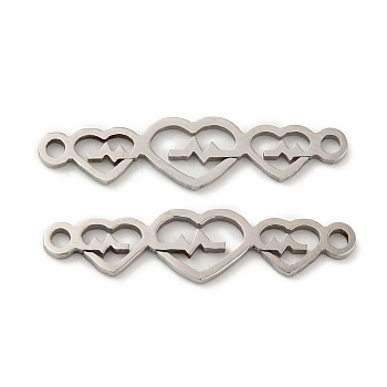 201 Stainless Steel Connector Charms, Triple Heart Links, Stainless Steel Color, 5x22x0.7mm, Hole: 1.2mm