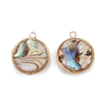 Natural Paua Shell Pendants, with Golden Brass Findings, Flat Round, 16.5x14x5.5mm, Hole: 1.5mm
