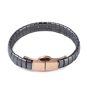 Synthetic Non-Magnetic Hematite Beaded Bracelets for Men, with 304 Stainless Steel Clasps, Rose Gold, Inner Diameter: 2-1/2 inch(6.4cm), 10mm