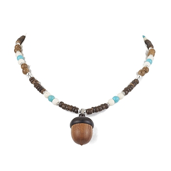 Natural Wenge Wood Pendant Necklaces, with Synthetic Turquoise and Synthetic Magnesite Beads Necklaces, Colorful, 16.10~16.34 inch(40.9~41.5cm), pendant: 36x21mm