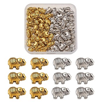 Tibetan Style Alloy Beads, Elephant, Antique Silver & Antique Golden, 8.5x13x5mm, Hole: 1mm, 2 Colors, 30pcs/color, 60pcs/box