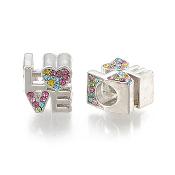 Alloy European Beads, Large Hole Beads, with Rhinestone, Word LOVE, Coloeful, Platinum, 10.5x10x8mm, Hole: 4.5mm