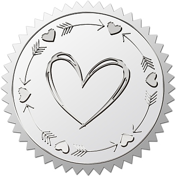 Custom Round Silver Foil Embossed Picture Stickers, Self Adhesive Award Certificate Seals, Metallic Stamp Seal Stickers, Heart, 50mm, 4pcs/sheet