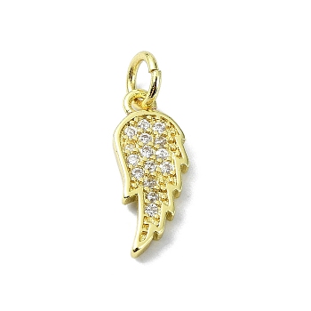 Brass Micro Pave Clear Cubic Zirconia Charms, with Jump Ring, Wing Charm, Real 18K Gold Plated, 15x6x1.5mm, Hole: 3mm