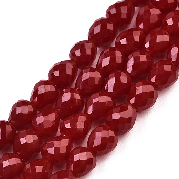 Opaque Solid Color Glass Beads Strands, Faceted, Teardrop, Dark Red, 4.5~5x4x4mm, Hole: 1mm, about 97~101pcs/strand, 16.54~18.5 inch(42~47cm)