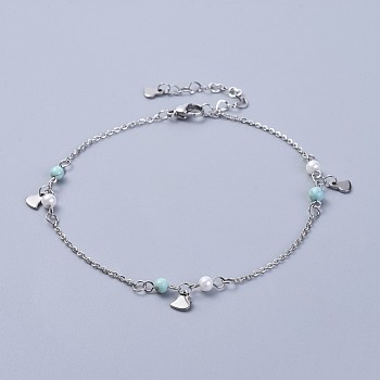 304 Stainless Steel Charm Anklets, with Synthetic Turquoise Beads and Glass Pearl, Heart, Stainless Steel Color, 9-5/8 inch(24.5cm)