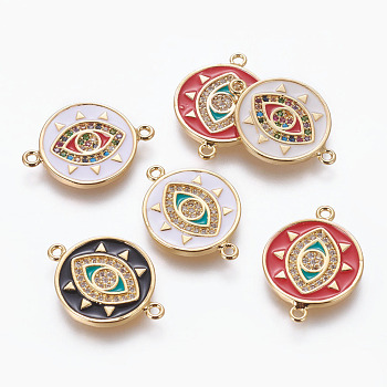 Brass Enamel Links, with Cubic Zirconia, Flat Round with Evil Eye, Golden, Mixed Color, 20x15x1.5mm, Hole: 1.2mm