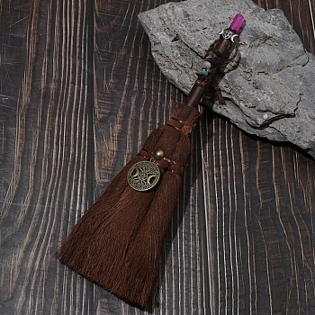 Natuarl Quartz Mini Witch Palm Broom Pendant Ornament, with Metal Accessories for Home Car Halloween Decor, Tree of Life, 100x25x290mm