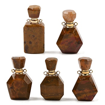 Natural Ocean Jasper Perfume Bottle Pendants, with Golden Tone Stainless Steel Findings, Mixed Shapes, 32~37x15~22x12~16mm, Hole: 1.8mm, Capacity: 5ml(0.17fl. oz)