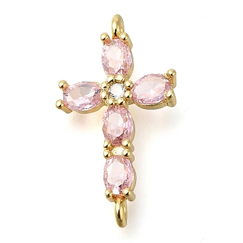 Brass Pave Cubic Zirconia Connector Charms, Cross Links, Real 16K Gold Plated, Pink, 21.5x12x4mm, Hole: 1.2mm