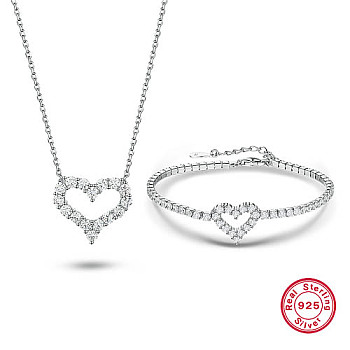 Rhodium Plated 925 Sterling Silver Heart Jewelry Set, Cubic Zirconia Pendant Necklaces and Link Bracelet, Platinum, 14-5/8 inch(37cm), 5.12 inch(13cm)
