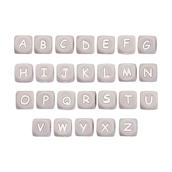 26Pcs 26 Style Silicone Alphabet Beads for Bracelet or Necklace Making, Letter Style, Cube, Gray, 12x12x12mm, Hole: 3mm, 1pc/style