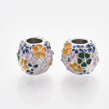 Platinum Plated Alloy European Beads, with Enamel, Large Hole Beads, Rondelle with Flower, Colorful, 11x10mm, Hole: 4.5mm
