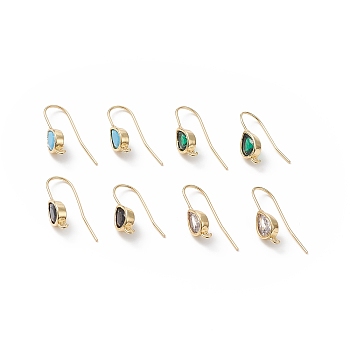 Real 18K Gold Plated Brass Earring Hooks, with Cubic Zirconia and Vertical Loops, Teardrop, Cadmium Free & Nickel Free & Lead Free, Mixed Color, 24~25mm, Pendant: 11x6mm, Hole: 1.2mm, 20 Gauge, Pin: 0.8mm