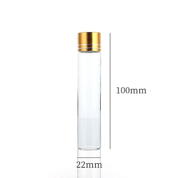 Clear Glass Bottles Bead Containers, Screw Top Bead Storage Tubes with Aluminum Cap, Column, Golden, 2.2x10cm, Capacity: 25ml(0.85fl. oz)