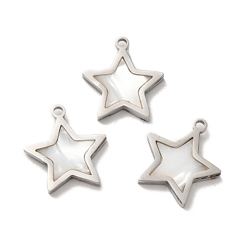 304 Stainless Steel Star Charms, with Shell, Stainless Steel Color, 15x14x2mm, Hole: 1.2mm
