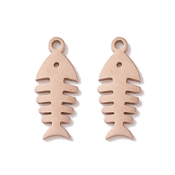 304 Stainless Steel Pendants, Fishbone, Rose Gold, 14x6x0.8mm, Hole: 1mm