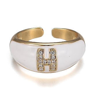 Brass Micro Pave Clear Cubic Zirconia Cuff Rings, Open Rings, with Enamel, Cadmium Free & Lead Free, Golden, Letter.H, US Size 7 1/4, Inner Diameter: 17.6mm