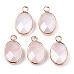 Natural Rose Quartz Pendants, Light Gold Tone Brass Edge, Faceted, Oval, 19x11x4.5mm, Hole: 2mm(G-T131-106)