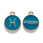 Alloy Enamel Pendants, Cadmium Free & Lead Free, Flat Round with Constellation, Light Gold, Dark Cyan, Pisces, 15x12x2mm, Hole: 1.5mm(ENAM-S124-01B-05H)