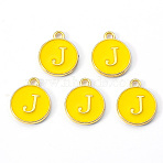 Golden Plated Alloy Enamel Charms, Enamelled Sequins, Flat Round with Letter, Gold, Letter.J, 14x12x2mm, Hole: 1.5mm(X-ENAM-S118-09J)