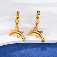 304 Stainless Steel Hoop Earrings, Real 18K Gold Plated, Dolphin, 28.5x13.5mm(EJEW-F357-02G-04)