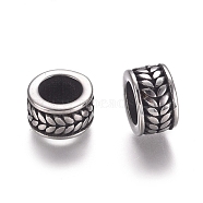 304 Stainless Steel Beads, Column with Wheat, Antique Silver, 9.5x6mm, Hole: 6.5mm(STAS-E482-24AS)