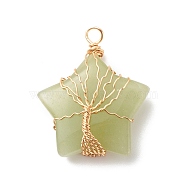 Natural Green Aventurine Pendants, with Golden Tone Copper Wire Wrapped, Star with Tree, 36x30x12mm, Hole: 3.5mm(PALLOY-JF01634-01)