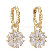 Brass Micro Pave Cubic Zirconia Huggie Hoop Earrings, Long-Lasting Plated, Flower, Clear, Real 18K Gold Plated, 24mm, Pin: 0.8mm(EJEW-K083-25G-B)